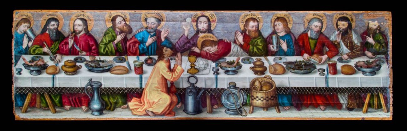 Gemälde: Gemalte Sockelfront eines Altars (Predella) mit der Darstellung von Jesus Christus und seinen elf Jüngern an der Tafelrunde des Abendmahls, aus dem Augustinerchorherrenstift Kreuzlingen