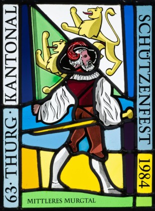 Glasmalerei: Wappenscheibe vom Thurgauer Kantonalschützenfest Mittleres Murgtal, aus dem Nachlass des Thurgauer Kantonalschützenverbands