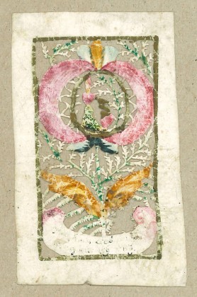 Spitzenschnittbild mit Malerei: Kleines Andachtsbild mit Blume (Rose oder Lilie?) und entflammtem Herz in der Blüte, aus dem Dominikanerinnenkloster St. Katharinental bei Diessenhofen