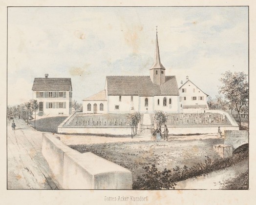 Grafik: Die Kirche St. Johann Baptist und Friedhof in Kurzdorf (Frauenfeld), Titel «Gottes-Acker Kurzdorf», aus der Kunstsammlung der Familie Bachmann, Besitzerin von Schloss Frauenfeld