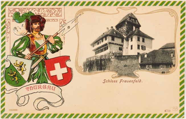 Postkarte mit Thurgauer Hellebardier, in Kartusche Schloss Frauenfeld von der Schlossmühlestrasse aus gesehen