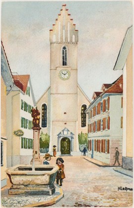 Postkarte: Eingangsportal der alten evangelischen Stadtkirche zur Dreifaltigkeit in Frauenfeld, Zustand vor dem Umbau in den 1920er-Jahren