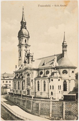 Postkarte: Neubarocke katholische Kirche St. Nikolaus in Frauenfeld, nach Plänen des Architekten Albert Rimli (1871–1954) erbaut und 1906 eingeweiht