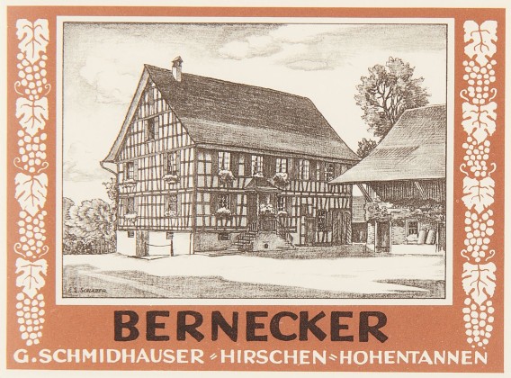 Zwei Flaschenetiketten für die Weine «Bernecker» und «Bachtobel» mit der Darstellung vom Gasthof «Hirschen» in Hohentannen 