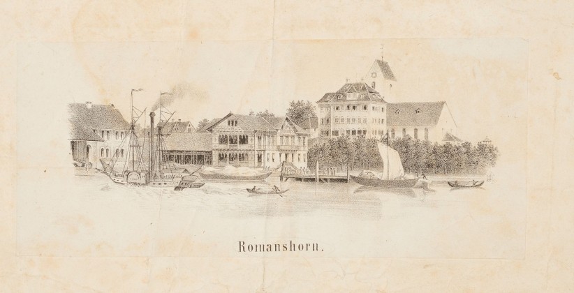 Grafik: Romanshorn mit Hafen, Schloss und Kirche