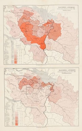 Karte mit grafischer Darstellung der Verbreitung der Ostschweizer Stickerei-Industrie, Handmaschinen- und Schifflimaschinen-Stickerei