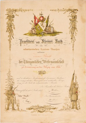 Erinnerungs- und Ehrenurkunde des Soldaten Josef Störchli aus Berg für seinen Dienst im Sonderbundskrieg 1847