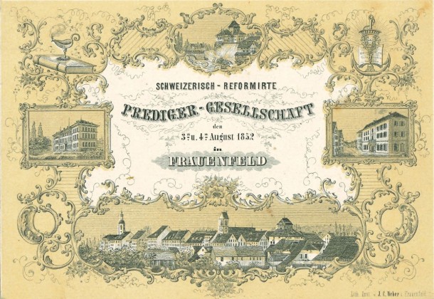 Grafik: Programmkarte von Pfarrer Müller aus Feuerthalen (SH), anlässlich der Tagung der Schweizerischen Reformierten Prediger-Gesellschaft in Frauenfeld vom 3.–4. August 1852