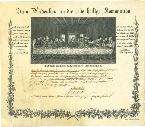 Grafik: Andenken an die erste heilige Kommunion von Johannes Heinrich Meyer von Nergethen (Uesslingen) bei Pfarrer Keller, mit der Darstellung des letzten Abendmahls, nach dem Gemälde von Leonardo da Vinci im Dominikanerkloster Santa Maria delle Grazie in Mailand 