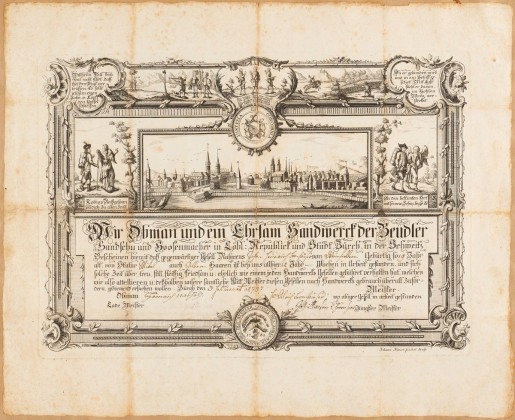 Gesellenbrief des J. H. Bornhauser aus Weinfelden, für seine erfolgreich abgeschlossene Ausbildung zum Handschuh- und Hosenmacher in Zürich
