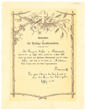 Grafik: Andenken an die Konfirmation und den Zutritt zum Abendmahl von Johann Heinrich Hofer von Harenwilen bei Müllheim, ausgestellt von Pfarrer Brenner