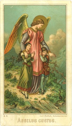 Grafik: Kleines Andachtsbild mit Schutzengel und zwei Kindern auf einem gefährlichen Weg im Gebirge, aus der Seelsorgepraxis von Pfarrer Künzle in Amden