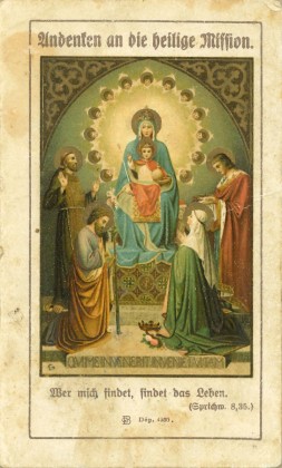 Kleine Broschüre (Faltblätter) mit Kleinem Andachtsbild: Thronende Maria als Himmelskönigin mit Jesus Christus als Weltherrscher, Gebete an Jesus Christus sowie an Maria, Andenken an die Volksmission