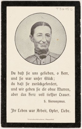 Todesanzeige der Sophie Schnetzer-Ott (1868–1925) vom Matthof in Frauenfeld, Totenzettel (Leidhelgeli) mit Stossgebeten zum Erlass der Sündenstrafen (Ablass) der Verstorbenen