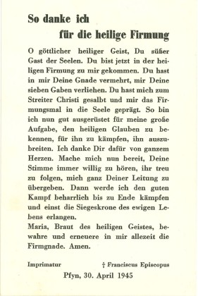 Schrift: Blatt zum Andenken an die Firmung in Pfyn unter der Leitung von Franz von Streng (1884–1970), Bischof der Diözesen Basel und Lugano