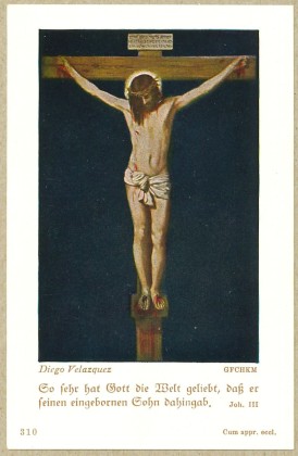 Grafik: Kleines Andachtsbild mit gekreuzigtem Christus, auch Christus von San Plácido genannt, nach dem Ölgemälde von Diego Velázquez (1599–1660), Andenken an die erste heilige Messe