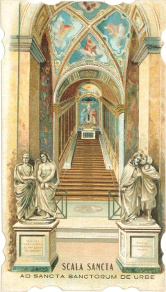 Grafik: Kleines Andachtsbild mit der Scala Sancta, der Heiligen Treppe in Rom, Erläuterung zum Heiligtum und seiner Ablasswirkung