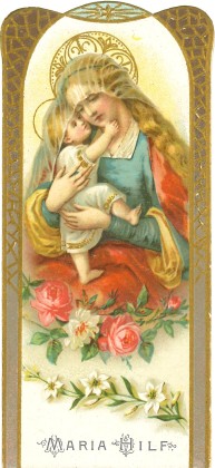Grafik: Andachtsbild «Maria Hilf» in der Gestaltung des Jugendstils mit Maria und dem Jesuskind sowie Gebet zu Maria in Gedichtform