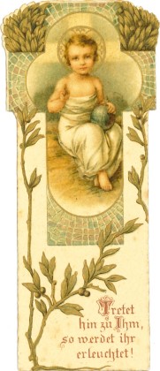 Grafik: Kleines Andachtsbild in der Gestaltung des Jugendstils mit dem Jesuskind und der Weltkugel in seinem Schoss