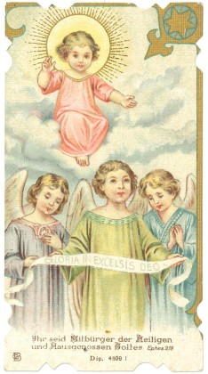 Grafik: Kleines Andachtsbild mit dem Jesuskind auf Wolken und drei Kinderengel, Weihnachts- und Neujahrskarte für alle Wohltäter, Freunde und Zöglinge vom Schülerheim St. Iddazell, ausgerichtet von Direktor Josef Schmid (1893–1919)