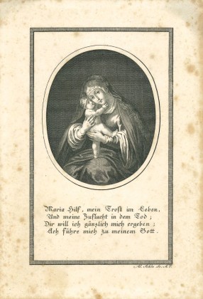 Grafik: Kleines Andachtsbild mit Maria und dem Jesuskind in ovalem Medaillon