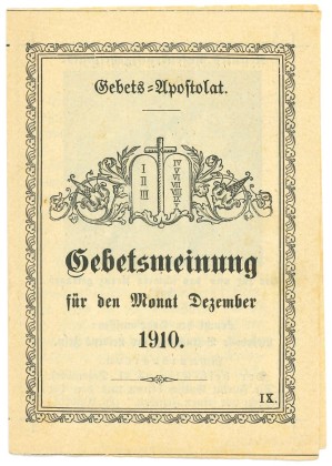 Grafik (Faltblatt): Kleines Andachtsbild mit Kreuzwegstation und schmerzhaftem Rosenkranzgeheimnis, Gebetsmeinung für den Monat Dezember in Form eines Ablassgebets zugunsten der Werke der katholischen Schriftsteller und Künstler