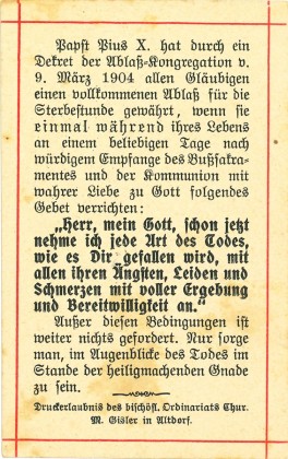 Schrift: Blatt (Zettel) mit Gebet für die Sterbestunde, erlassen von Papst Pius X. (1903–1914)