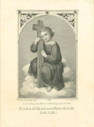 Grafik: Kleines Andachtsbild mit dem auf einer Wolke sitzenden Jesuskind und Kreuz, Andenken an die erste heilige Messe (Primiz) von Pater Augustin Gmür im in der Abtei- und Kathedralkirche Maria Himmelfahrt und St. Mauritius in Einsiedeln