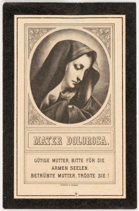 Todesanzeige der Maria Zahn (1848–1910), geborene Lenz in Horben, Totenzettel (Leidhelgeli) mit der schmerzerfüllten Maria und Stossgebeten zum Erlass der Sündenstrafen (Ablass) der Verstorbenen