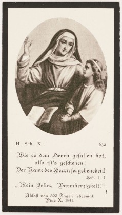 Todesanzeige der Wilhelmine Schnyder (1864–1935) vom Zollhus, Totenzettel (Leidhelgeli) mit Stossgebeten zum Erlass der Sündenstrafen (Ablass) der Verstorbenen