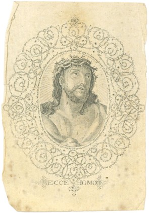 Grafik: Kleines Andachtsbild mit sogenanntem Erbärmdebild (Ecce homo) mit leidendem Jesus Christus