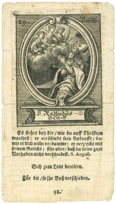 Grafik: Kleines Andachtsbild mit hl. Radbod, Bischof von Utrecht  (899–917), Andenken an seinen Namenstag (Kalenderblatt)