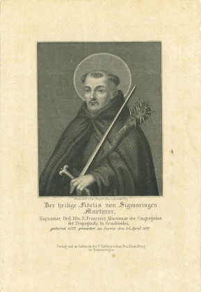 Grafik: Kleines Andachtsbild mit hl. Fidelis von Sigmaringen, Widmung von ehemaligen Schweizer Absolventen vom Collegium «de Propaganda Fide» in Rom für Papst Leo XIII. anlässlich des Jubeljahres 1886