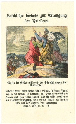 Grafik (Faltblatt): Kleines Andachtsbild mit der Darstellung vom Sieg Israels über die Amalektiter und Gebete zur Erlangung des Friedens sowie zum Erlass der Sündenstrafen (Ablass)