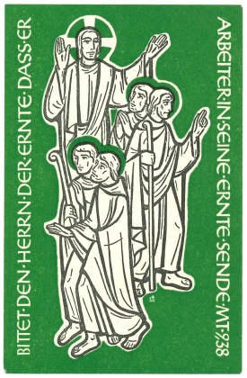 Grafik: Kleines Andachtsbild mit Jesus Christus und Heiligen sowie Gebet um Kandidaten für den geistlichen Beruf sowie Fürbitte für diese, erlassen von Laurenz Böggering (1904–1996) Generalvikar in Münster (DEU)