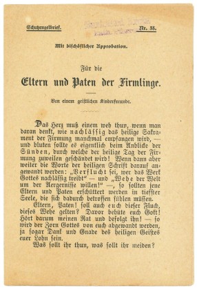 Schrift (Faltblatt) mit Gebeten: Schutzengelbrief Nr. 35,  Anweisungen und Vorschriften für Eltern und Paten zur Vorbereitung der Kinder auf die Firmung