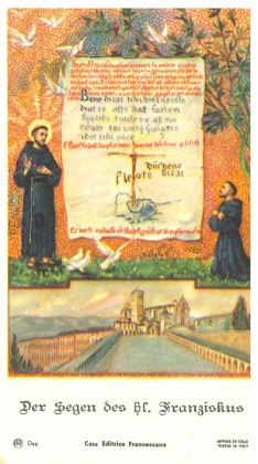 Grafik: Kleines Andachtsbild mit hl. Franziskus von Assisi, seinem Mitbruder Leo und dem Segen des Heiligen