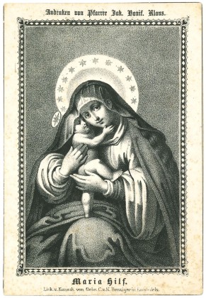 Grafik: Kleines Andachtsbild der Maria mit dem Jesuskind, Andenken von Pfarrer Jakob Bonifaz Klaus (1823–1892), Lehrer am Kollegium Maria Hilf in Schwyz sowie Gründer der katholischen Waisenanstalten St. Iddaheim in Lütisburg (SG) und St. Iddazell in Fischingen