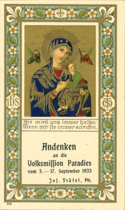 Grafik (Faltblatt): Kleines Andachtsbild mit dem Marienbild Unserer Lieben Frau von der Immerwährenden Hilfe, Andenken an die Volksmission Paradies vom 3.–17. September 1933 unter Pfarrer Josef Fräfel, mit Gebeten zum Erlass der Sündenstrafen (Ablass)