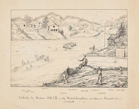 Grafik: Manöver im Feld der Batterie 65 am 18. August 1869 auf der Allmend in Frauenfeld mit Übungen in der Thur