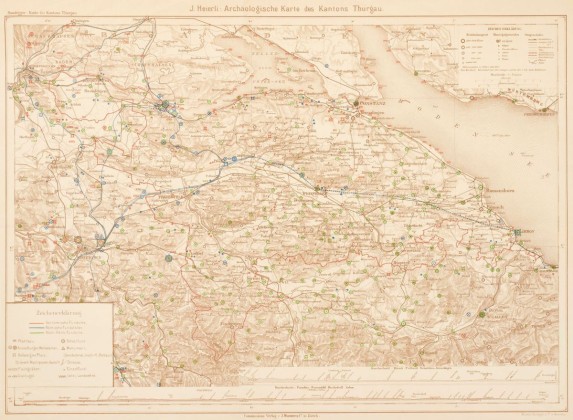 Archäologische Karte des Kantons Thurgau mit farbig markierten Fundorten vom Archäologen Jakob Heierli (1853–1912)