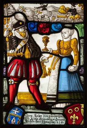Glasmalerei: Willkommscheibe von Jörg Keller und Anna Singenberger, im Stil des Historismus