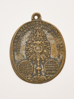 Religiöse Medaille: Wallfahrtsmedaille auf den Ruhm der Monstranz im Kloster Einsiedeln, ausgegeben zur Zeit von Abt Augustin II. Reding (1670–1692), mit Tragöse, hergestellt in Salzburg