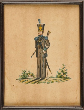 Malerei: Ganzfigurenporträt vom Landjägerkorporal Johannes Erni (1795–1865), einem der ersten Thurgauer Polizisten, ausgestattet mit Säbel, geschultertem Gewehr und hohem Tschako