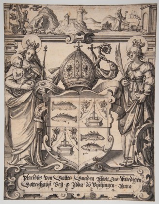 Grafik: Riss zur Wappenscheibe von Placidus Brunschwiler, Abt im Benediktinerkloster Fischingen (1616–1672), mit Maria, dem Jesuskind und der hl. Katharina