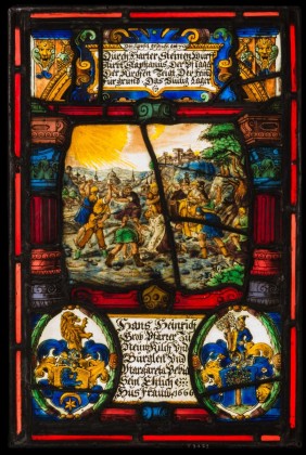 Glasmalerei: Bildscheibe mit den Wappen des Hans Heinrich Grob und seiner Ehefrau Margaretha Pebia sowie der Darstellung der Steinigung des hl. Stephanus nach der Apostelgeschichte 7, 57–60