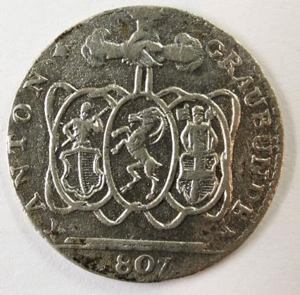 Münze: 1-Batzen-Stück des Kantons Graubünden, geprägt in Bern, aus der numismatischen Sammlung der Familie Bachmann, Besitzerin von Schloss Frauenfeld