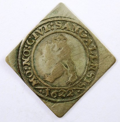 Münze: Klippe im Wert eines 1/2-Dicken- bzw. 3-Batzen-Stücks der Stadt St. Gallen, geprägt in St. Gallen, aus der Sammlung von Josef Sager (1905–1964)