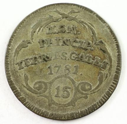 Münze: 15-Kreuzer-Stück der Abtei St. Gallen, geprägt in St. Gallen zur Zeit von Fürstabt Beda Angehrn von Hagenwil (1767–1796), aus der ehemaligen Sammlung von Josef Sager (1905–1964)