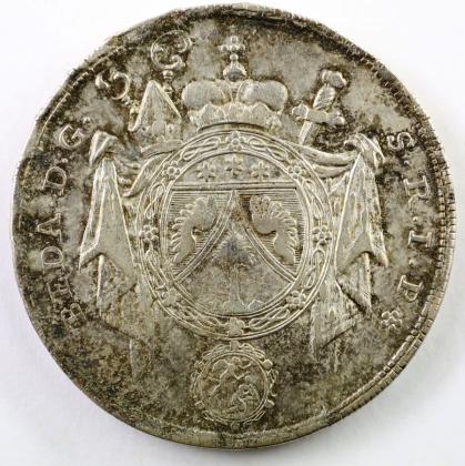 Münze: 1-Taler-Stück der Abtei St. Gallen, geprägt in St. Gallen zur Zeit von Fürstabt Beda Angehrn von Hagenwil (1767–1796), aus der numismatischen Sammlung der Familie Bachmann, Besitzerin von Schloss Frauenfeld